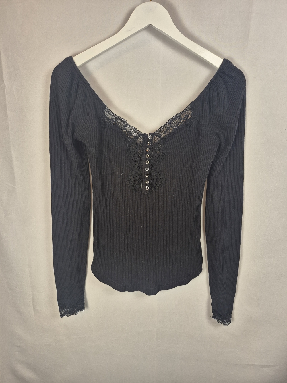 Free People Black Ribbed Lace-Trim Long Sleeve Top